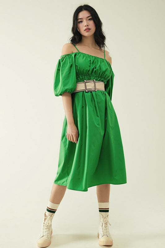 Midi Green Dress With Short Sleeves And Straps