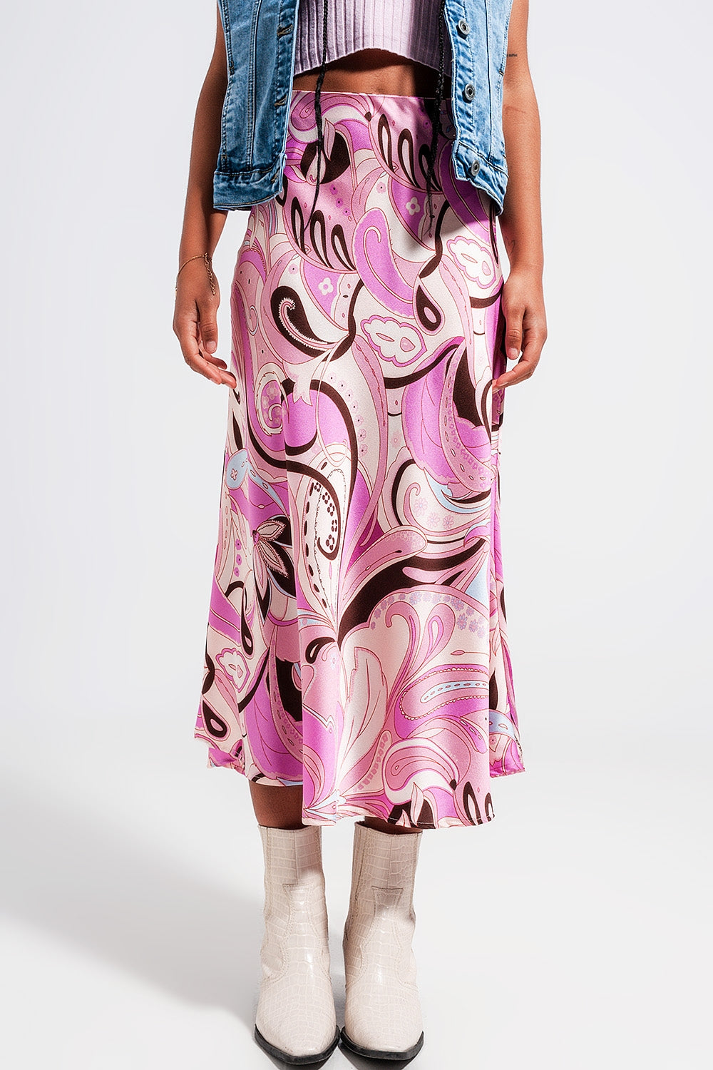 Midi Skirt In Abstract Print In Pink