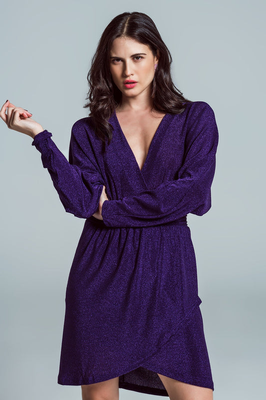 Mini Length Glitter Dress With Deep V Neck In Purple