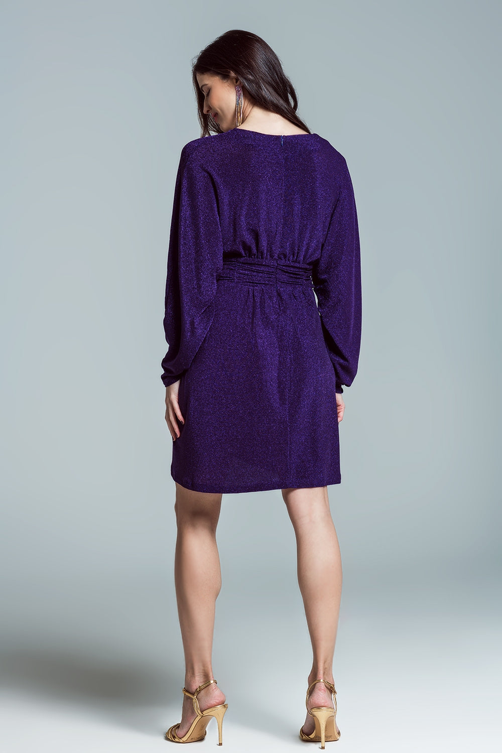 Mini Length Glitter Dress With Deep V Neck In Purple