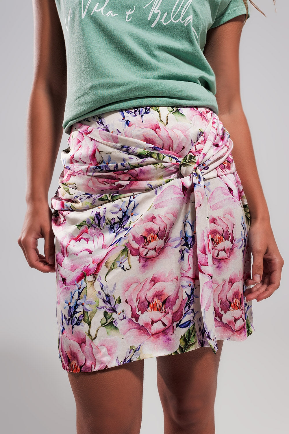 Mini Skirt With Knot Front In Pink Rose Print