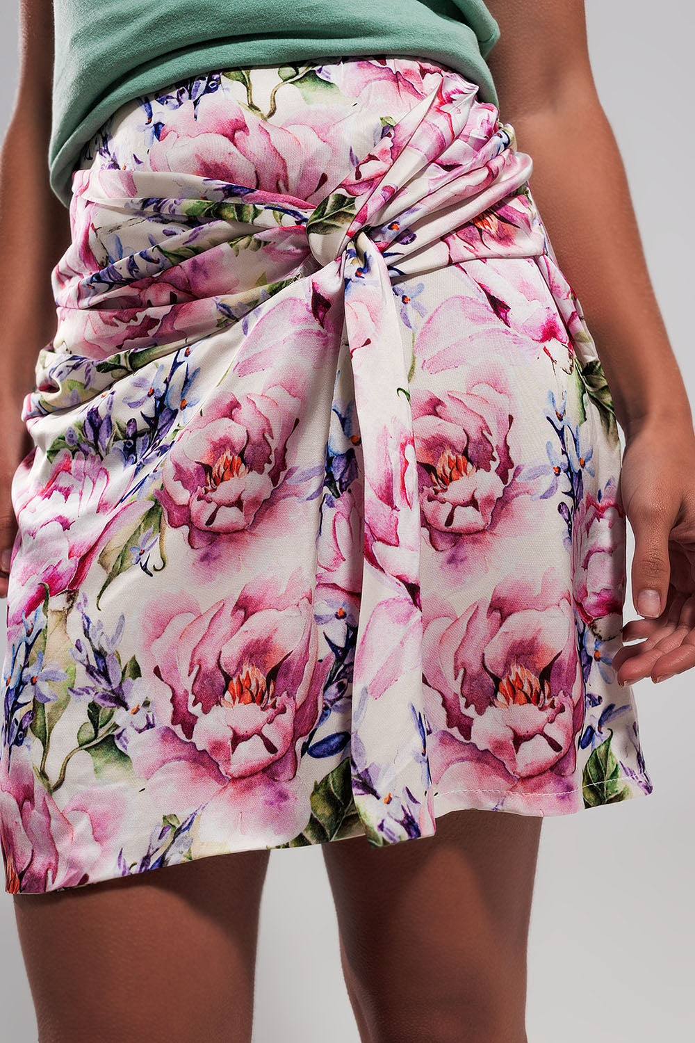 Mini Skirt With Knot Front In Pink Rose Print