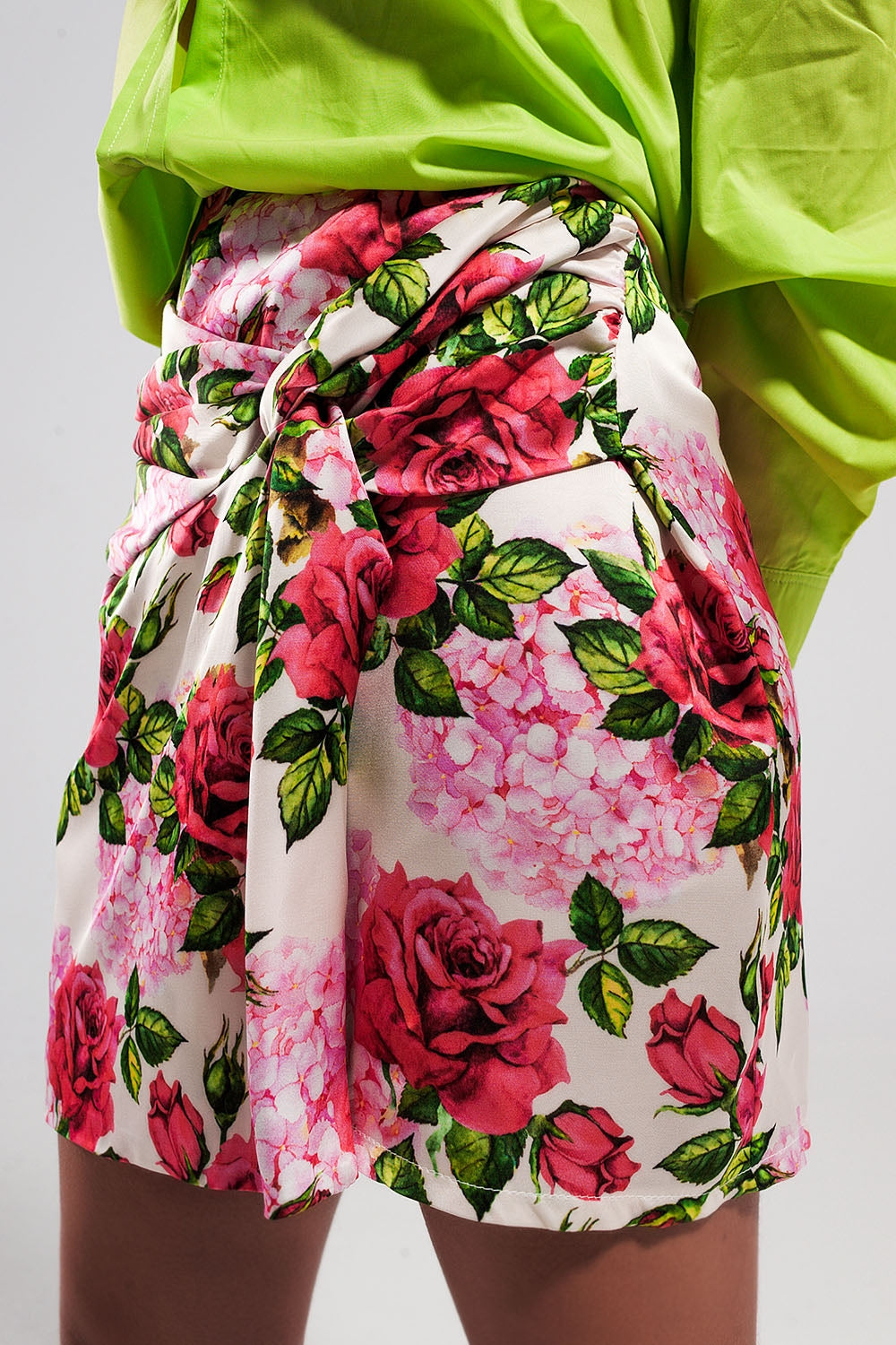 Mini Skirt With Knot Front In Rose Print