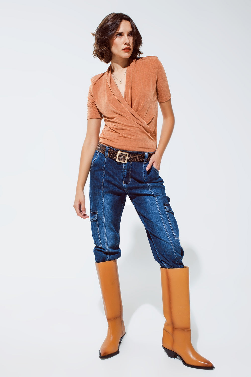 Orange Shiny Wrap Short Sleeve Vneck Top