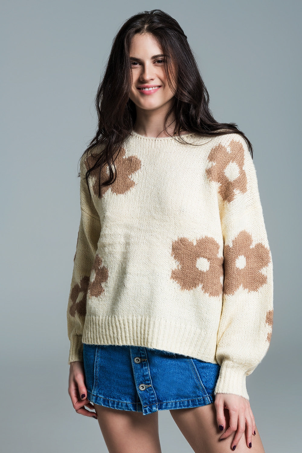 Oversized Balloon Sleeve Cream Sweater With Light Brown Flowers