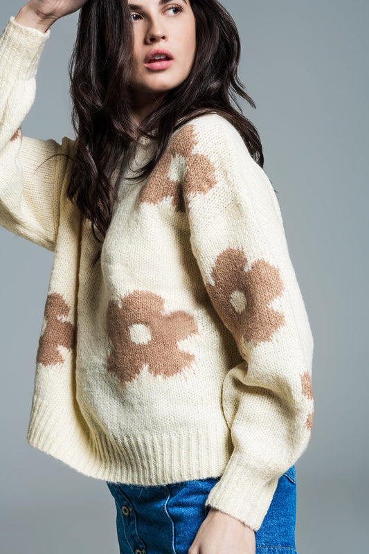Oversized Balloon Sleeve Cream Sweater With Light Brown Flowers