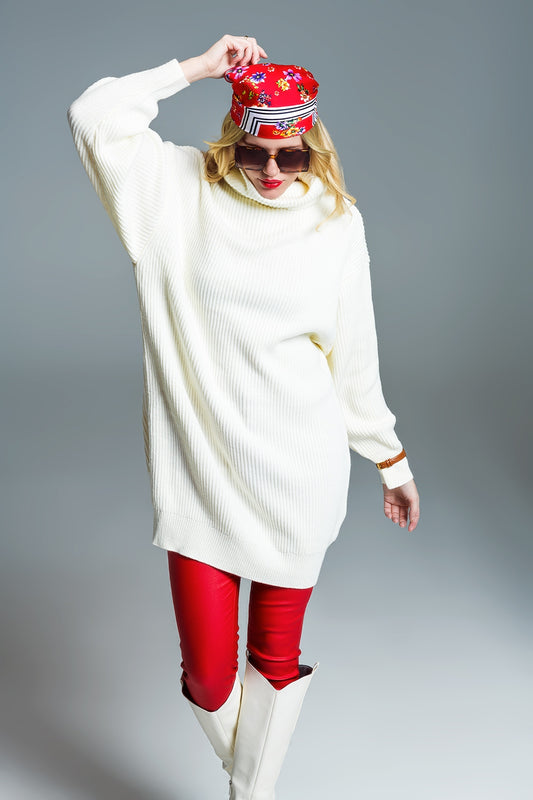 Oversized Ribbed Knit Dress With Turtle Neck In Cream
