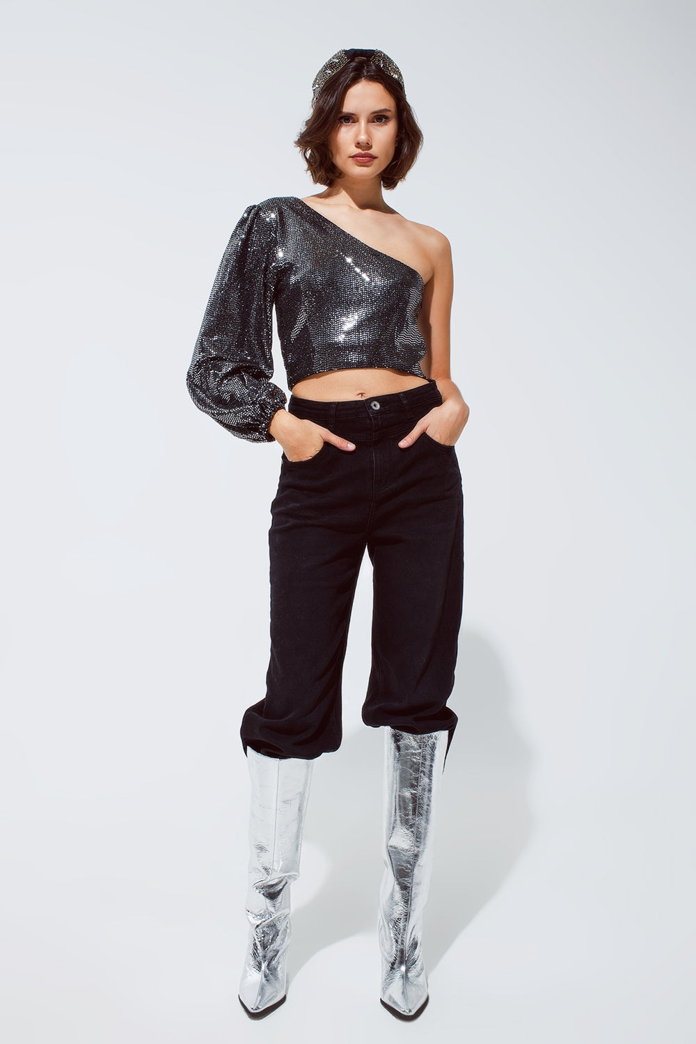 Party Cropped One Shoulder Top With Glitter Detail In Silver
