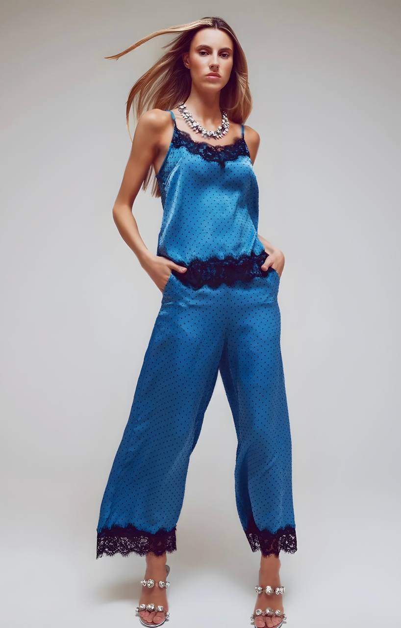 Cami Top with Lace Detail in Blue and Black Polka Dot