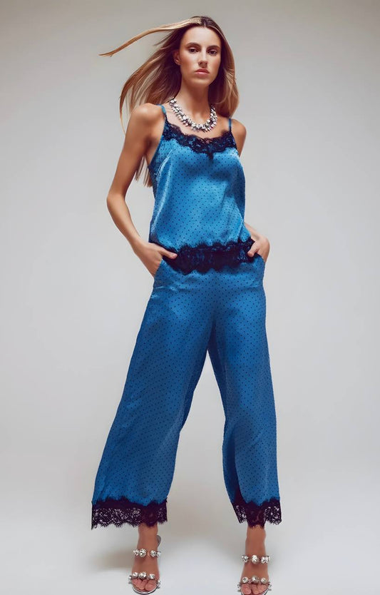 Cami Top with Lace Detail in Blue and Black Polka Dot