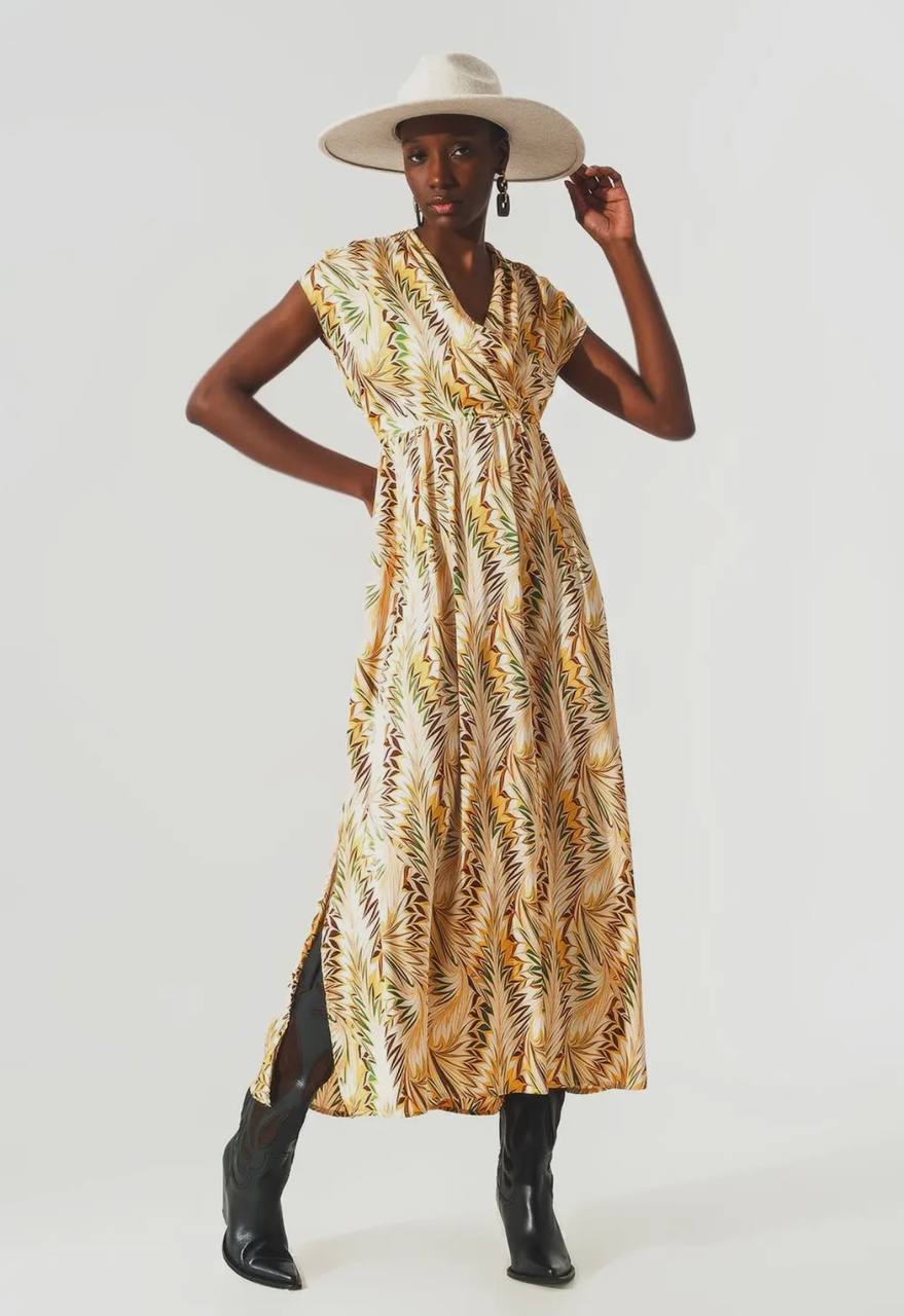 Wrap Dress with Short Sleeves in Retro Abstract Print