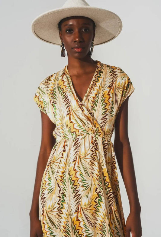 Wrap Dress with Short Sleeves in Retro Abstract Print