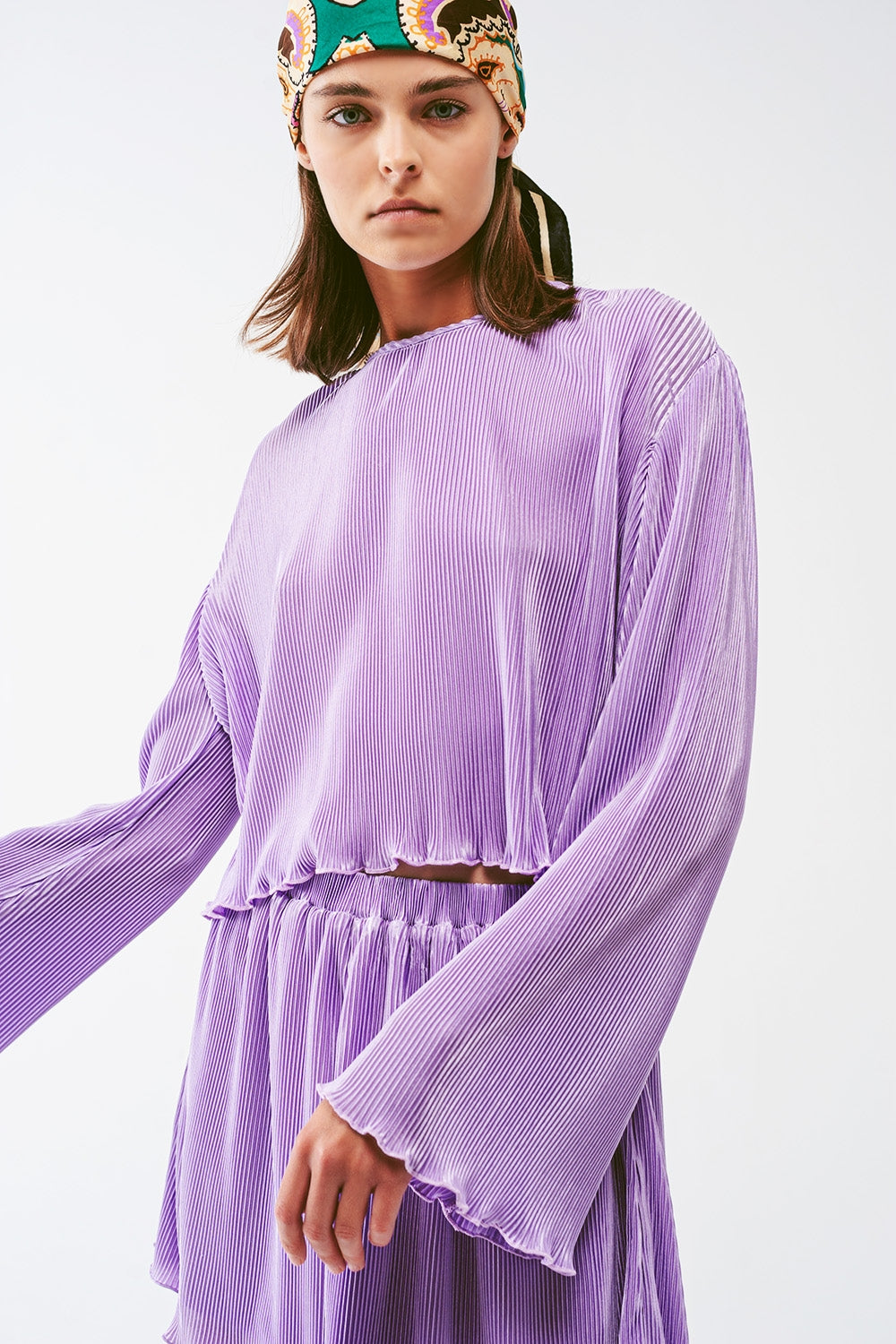Pleated Round Neck Crop Top In Lilac