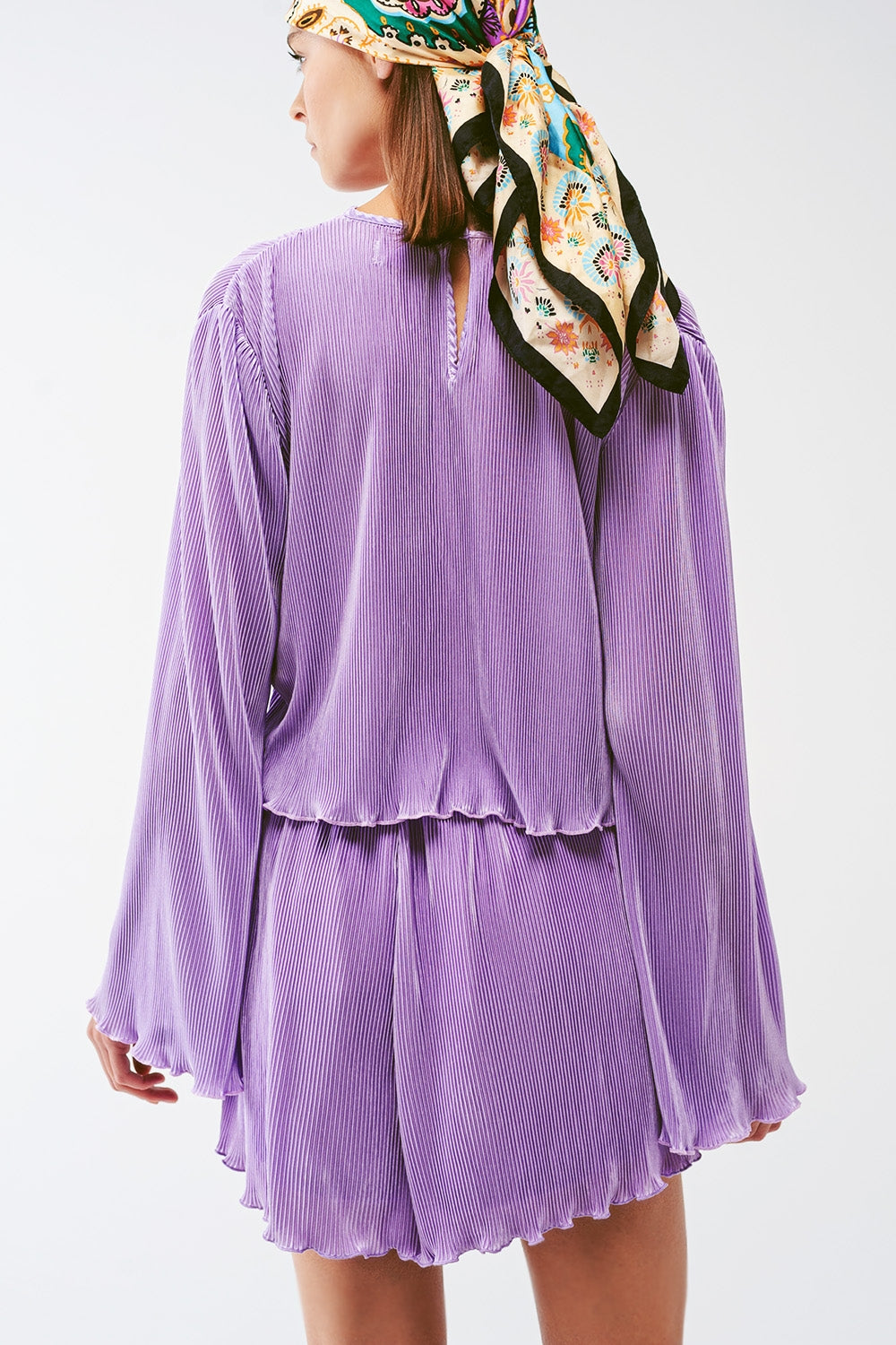 Pleated Round Neck Crop Top In Lilac