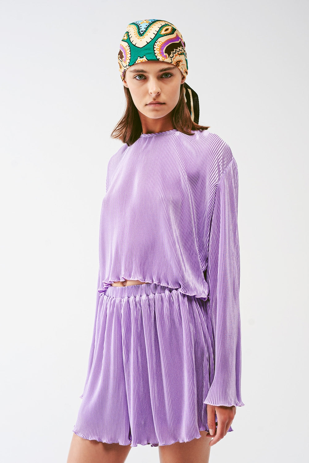 Pleated Round Neck Crop Top In Lilac