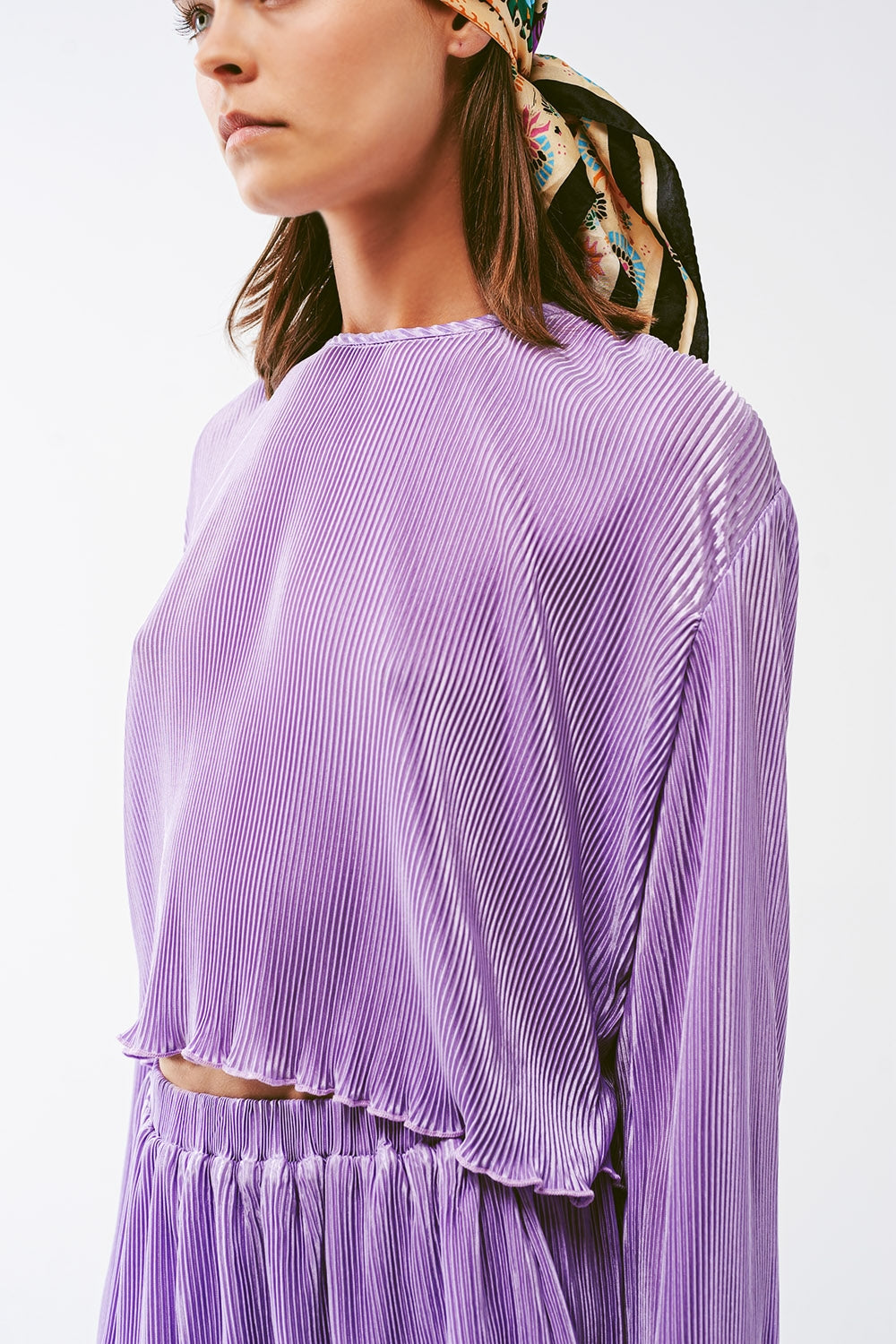 Pleated Round Neck Crop Top In Lilac