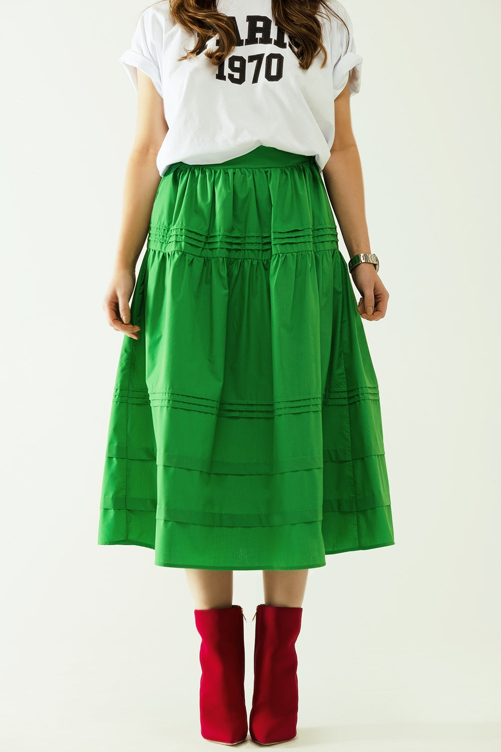 Poplin Tiered Midi Skirt With Stitching Details In Green