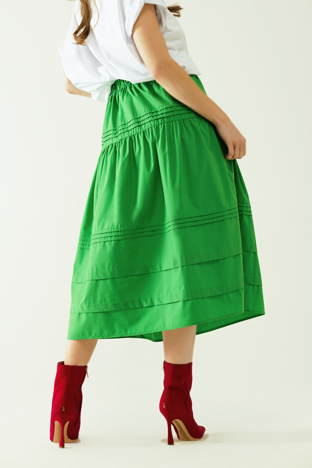 Poplin Tiered Midi Skirt With Stitching Details In Green