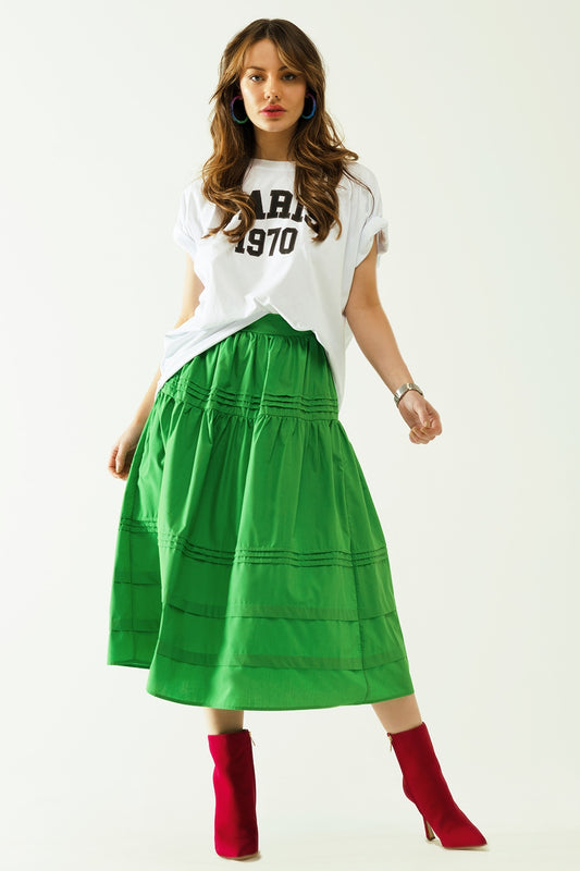 Poplin Tiered Midi Skirt With Stitching Details In Green