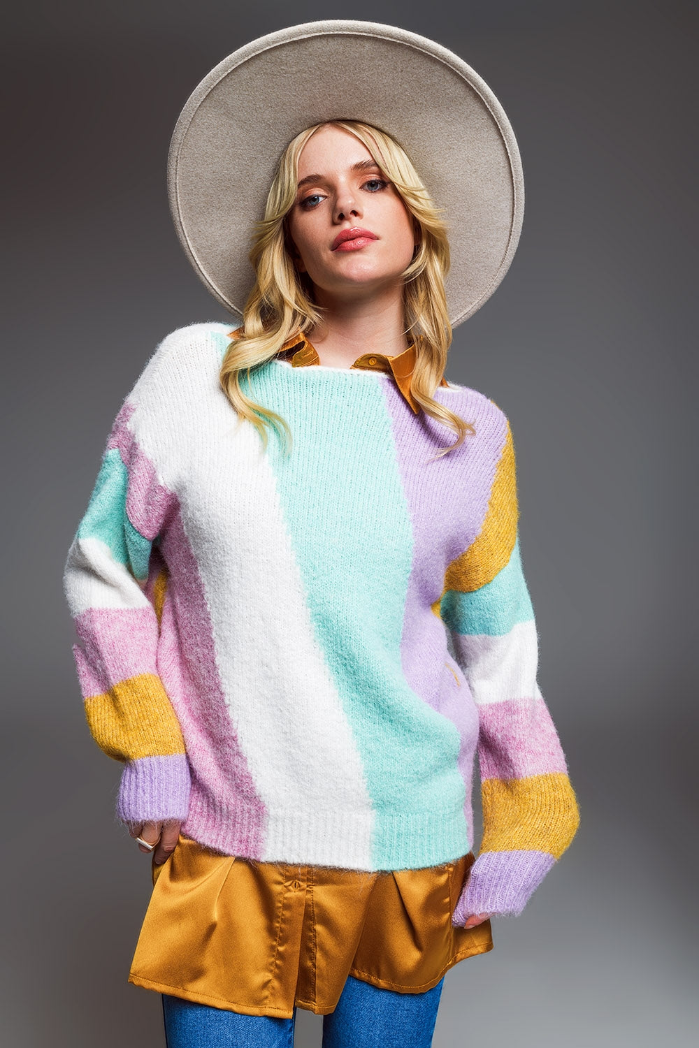 Relaxed Multicolor Diagonal Stripe Sweater With Boat Neck In Pastel Colors