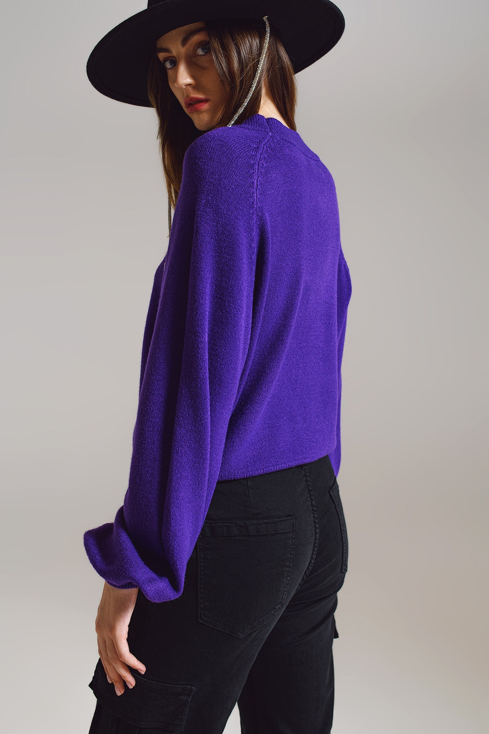 Relaxed Style Purple Jumper With Balloon Sleeves