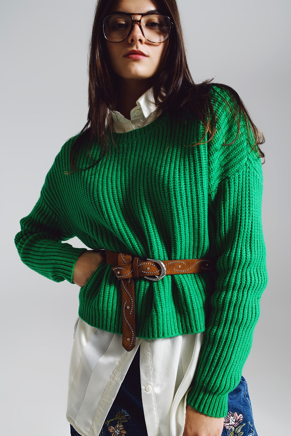 Relaxed Waffle Knit Jumper In Bright Green