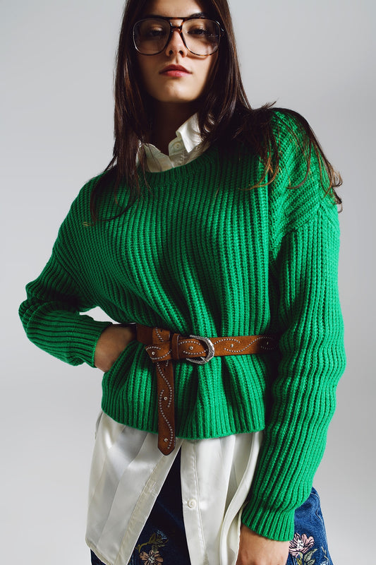 Relaxed Waffle Knit Jumper In Bright Green