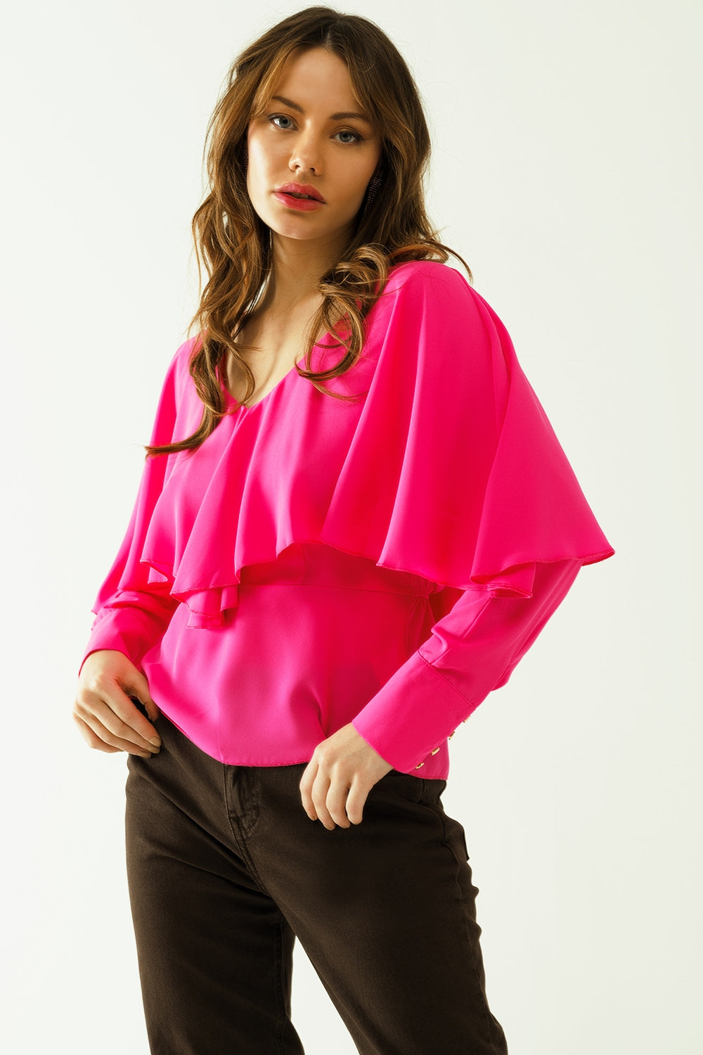 Ruffled V-Neck Top With Buttoned Cuffs And Tie In The Back Detal In Fuchsia