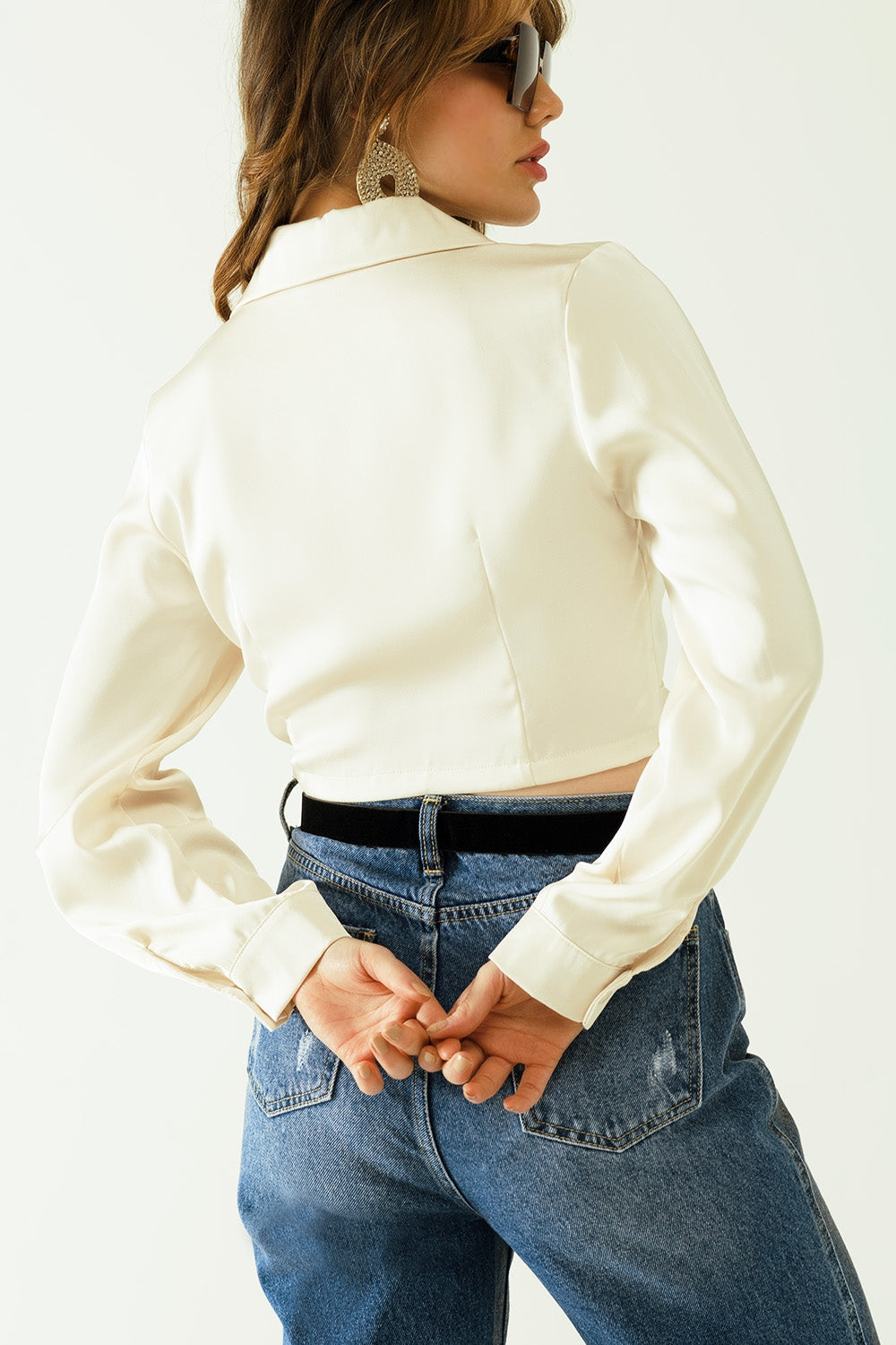 Satin V-Neck Cream Crop Top With Long Sleeves And Frontal Pockets