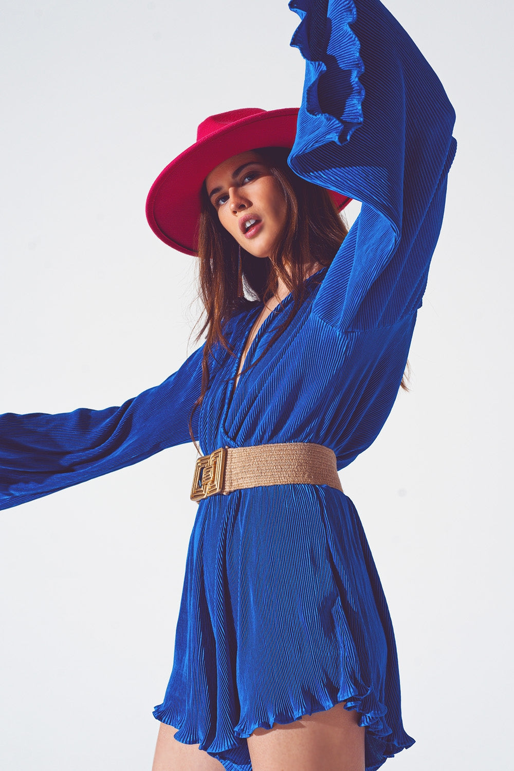 Satin Wrap Deatil Pleated Short Jumpsuit In Blue