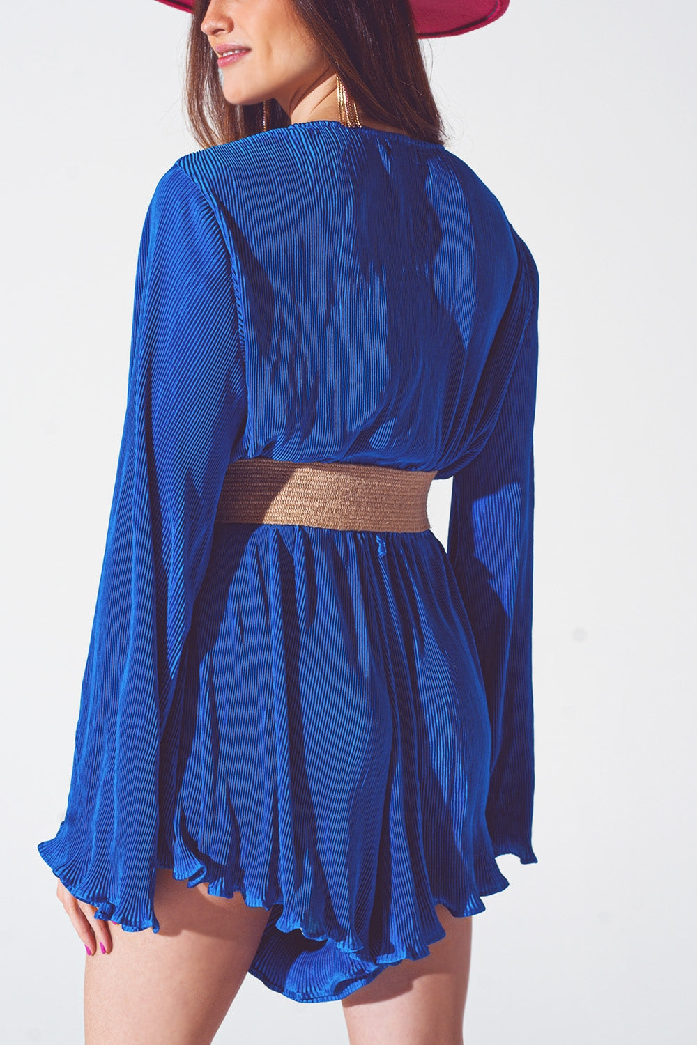 Satin Wrap Deatil Pleated Short Jumpsuit In Blue