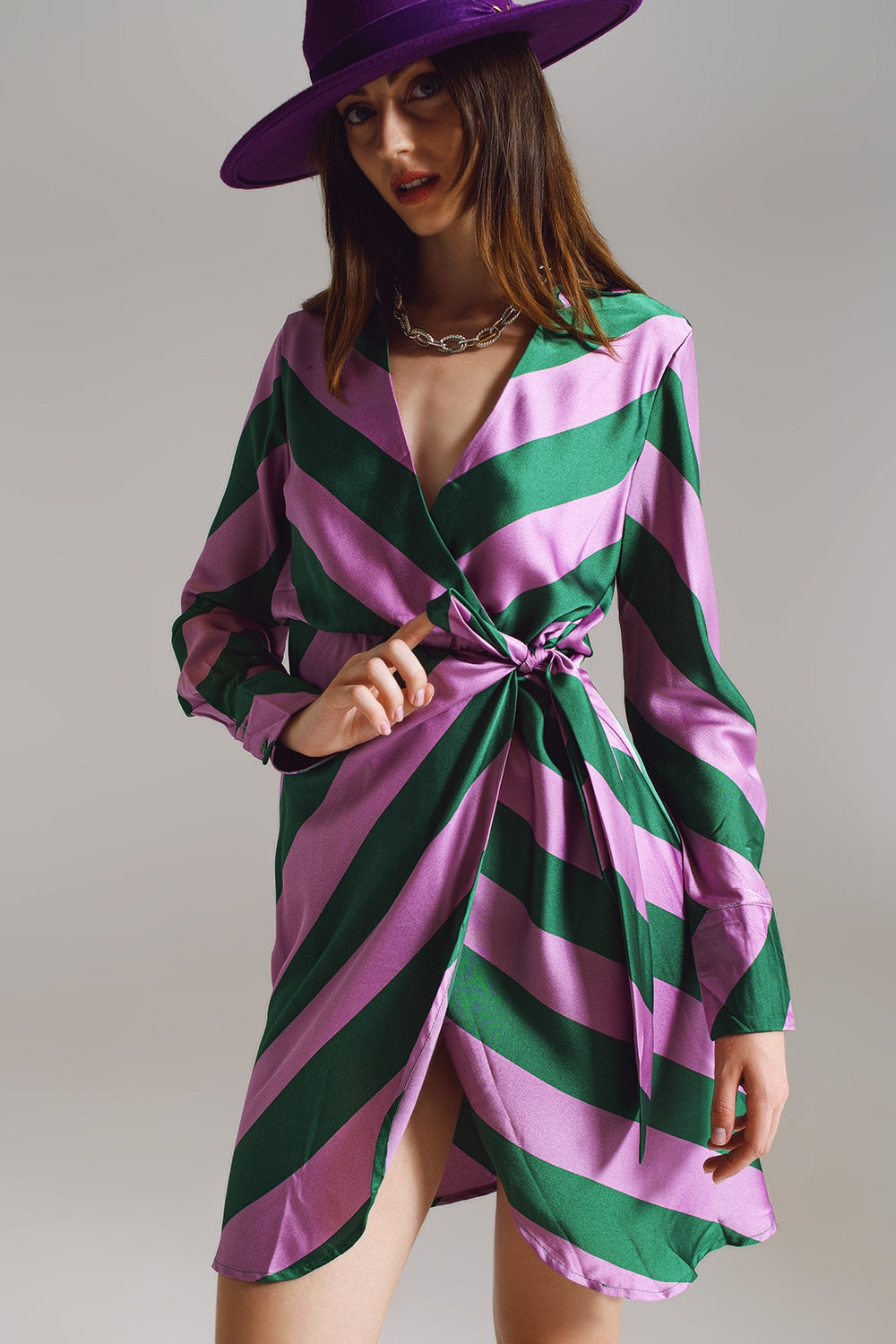 Satin Wrap Dress In Lilac And Green Striped Print