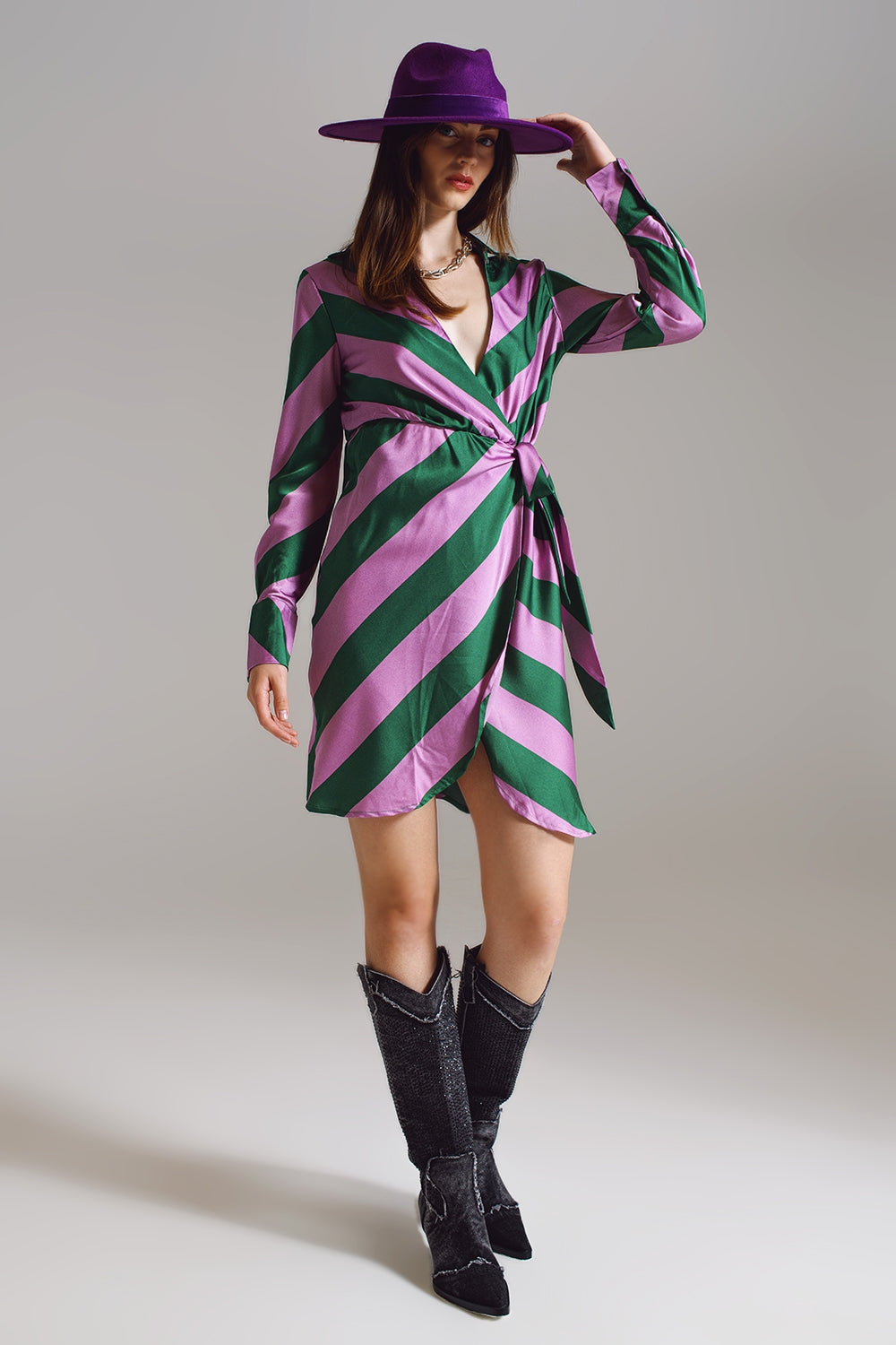 Satin Wrap Dress In Lilac And Green Striped Print