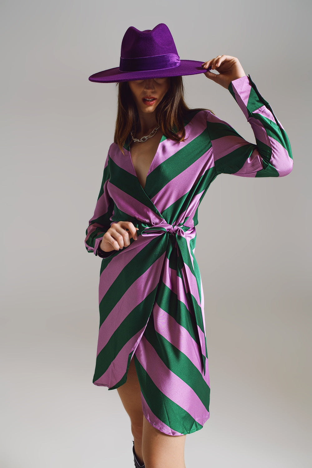 Satin Wrap Dress In Lilac And Green Striped Print