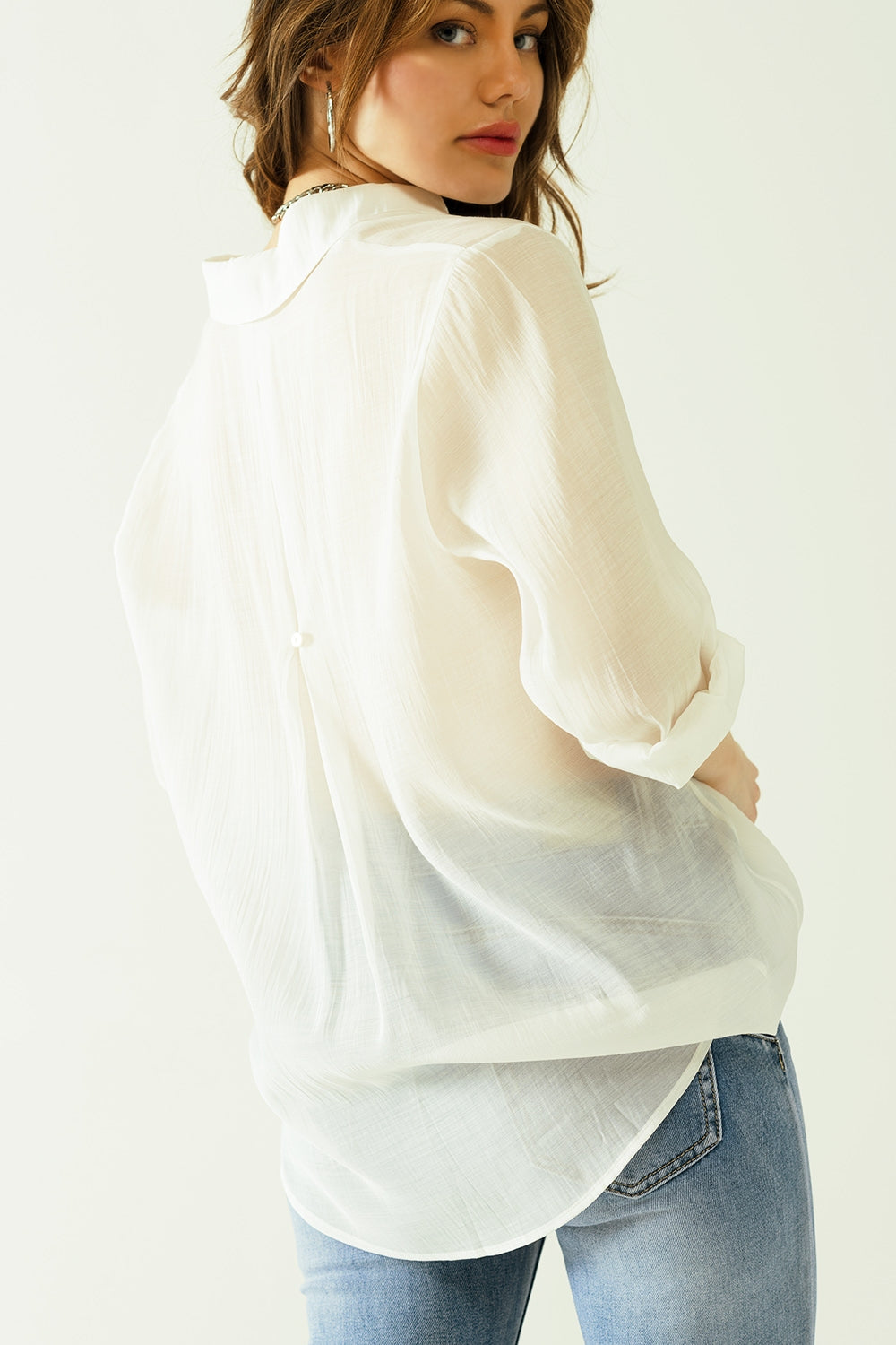 Semi Sheer Tencel Shirt With Chest Pocket In White