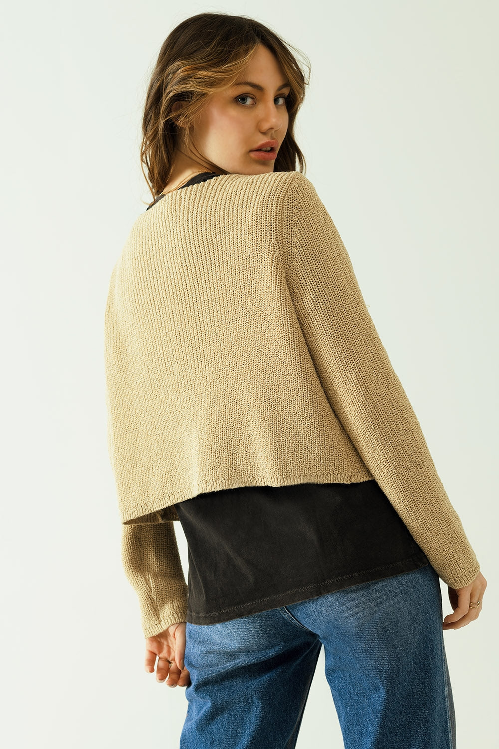 Short Open Cardigan In Beige Knit With Long Sleeves