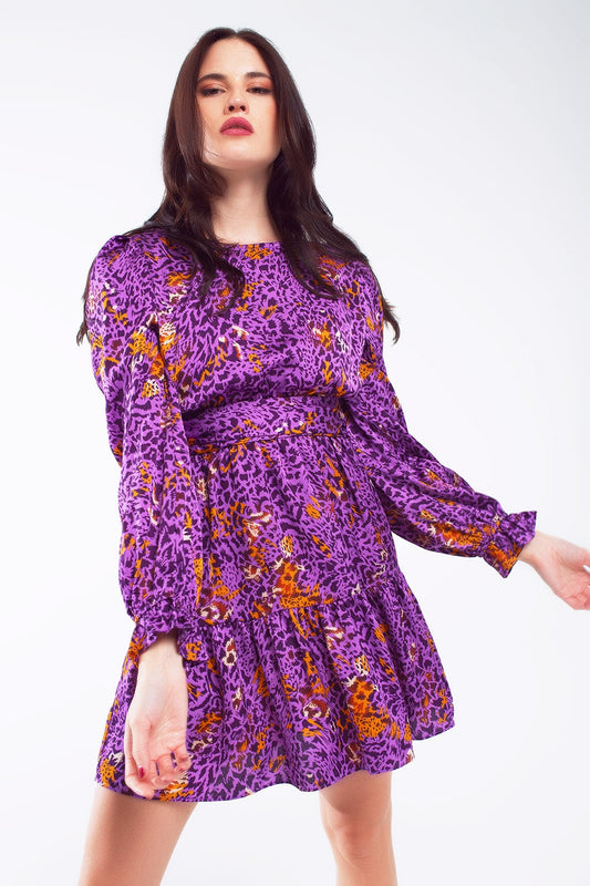 Short Printed Dress With Tiered Skirt And Ruffled Cuff In Purple