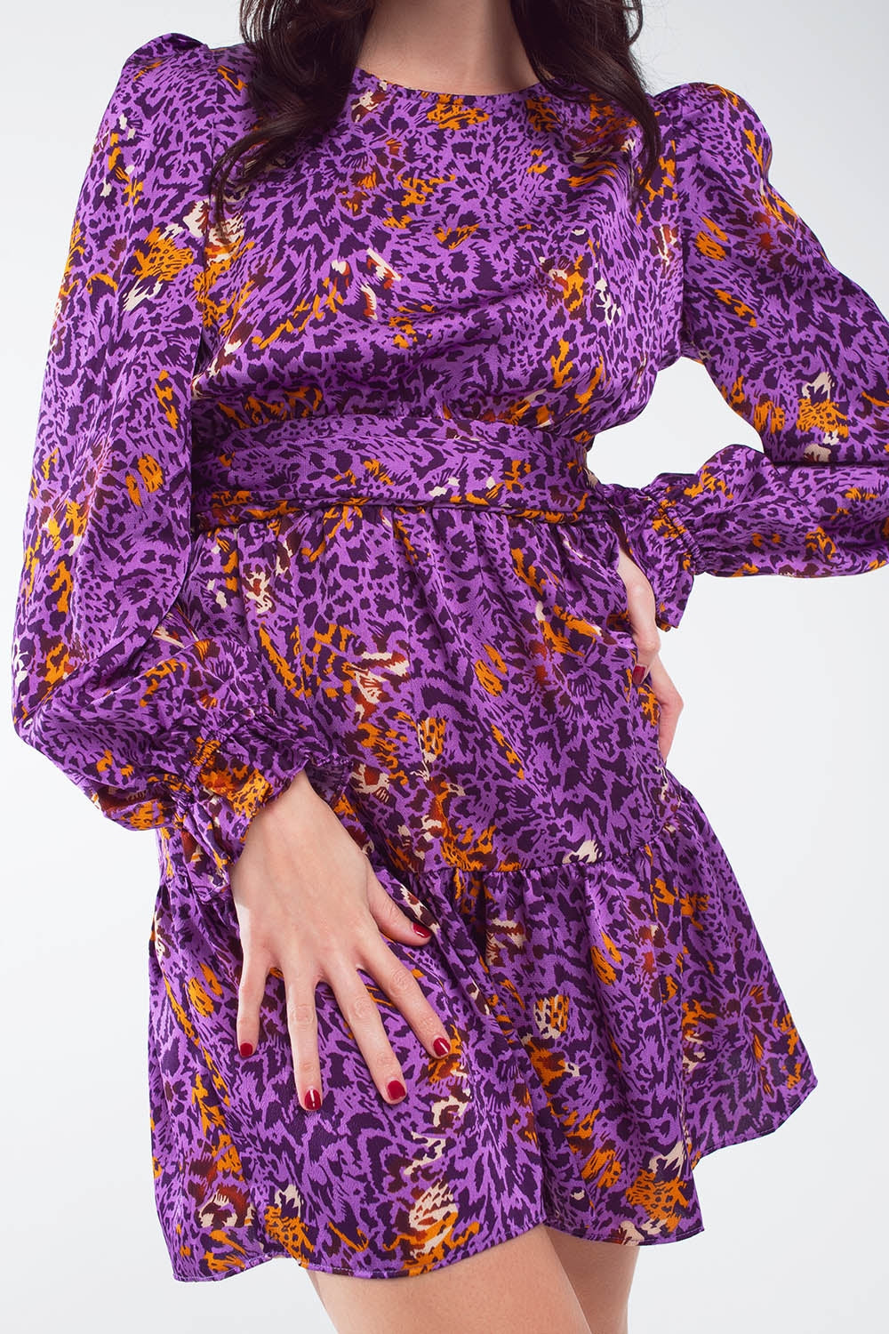 Short Printed Dress With Tiered Skirt And Ruffled Cuff In Purple
