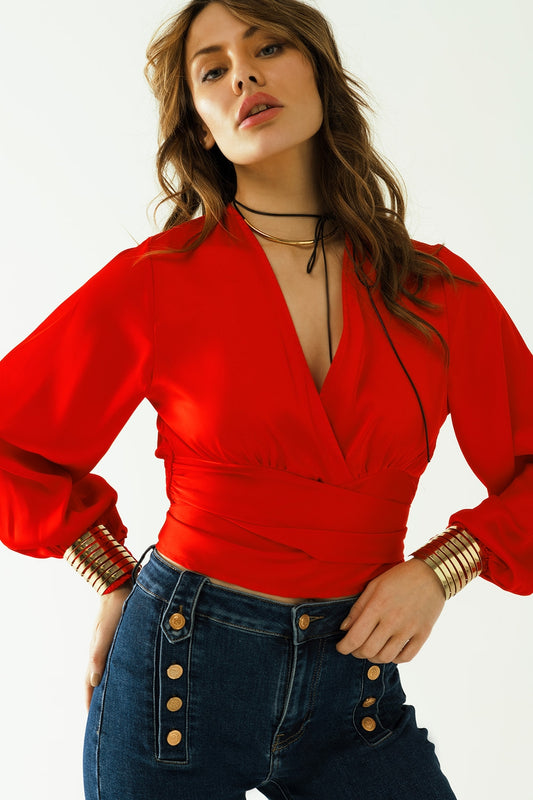 Short Red Crop Top With Long And Wide Sleeves