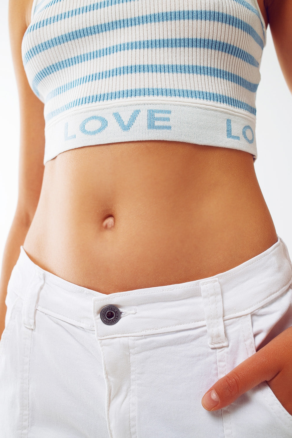 Striped Cropped Top With Love Text In Blue