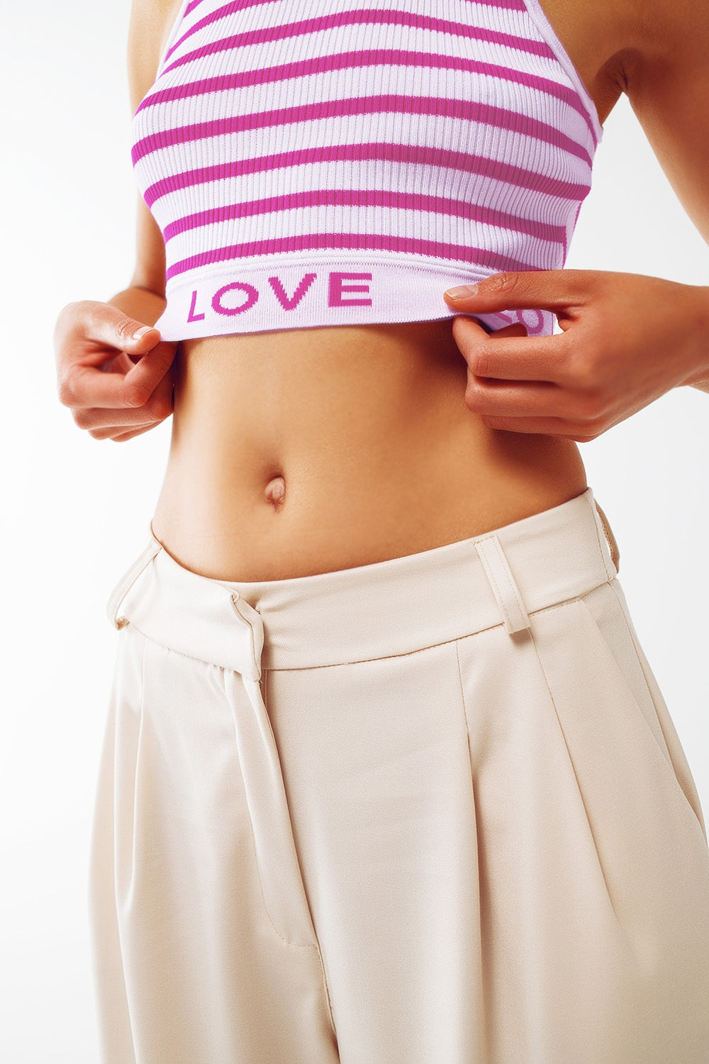 Striped Cropped Top With Love Text In Pink