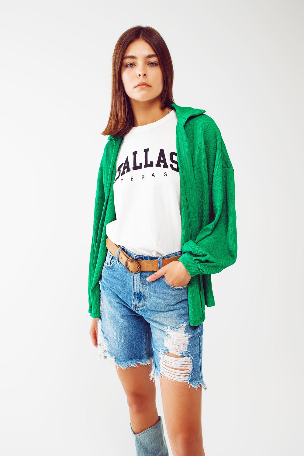 Textured Shirt With Balloon Sleeves In Green