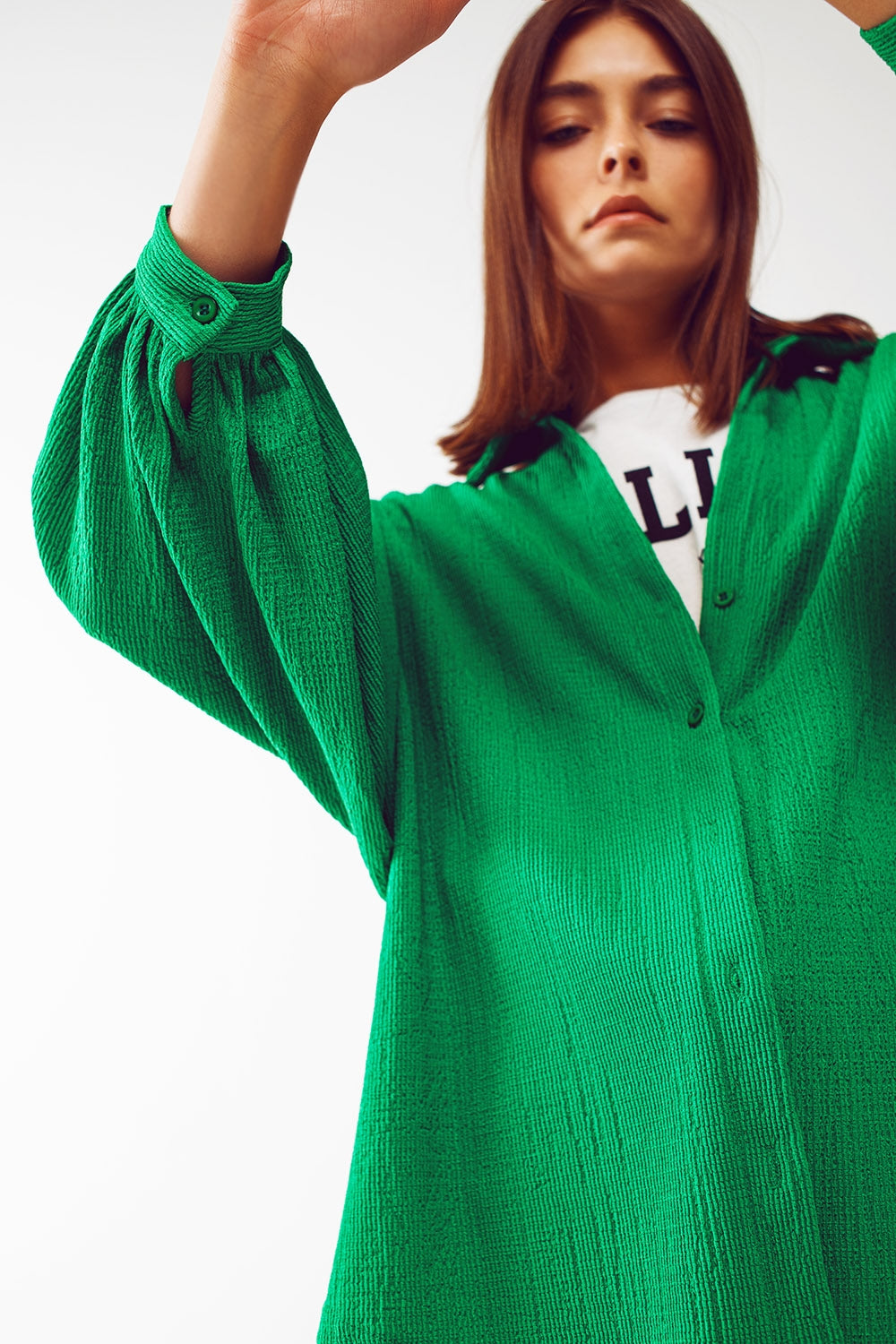 Textured Shirt With Balloon Sleeves In Green