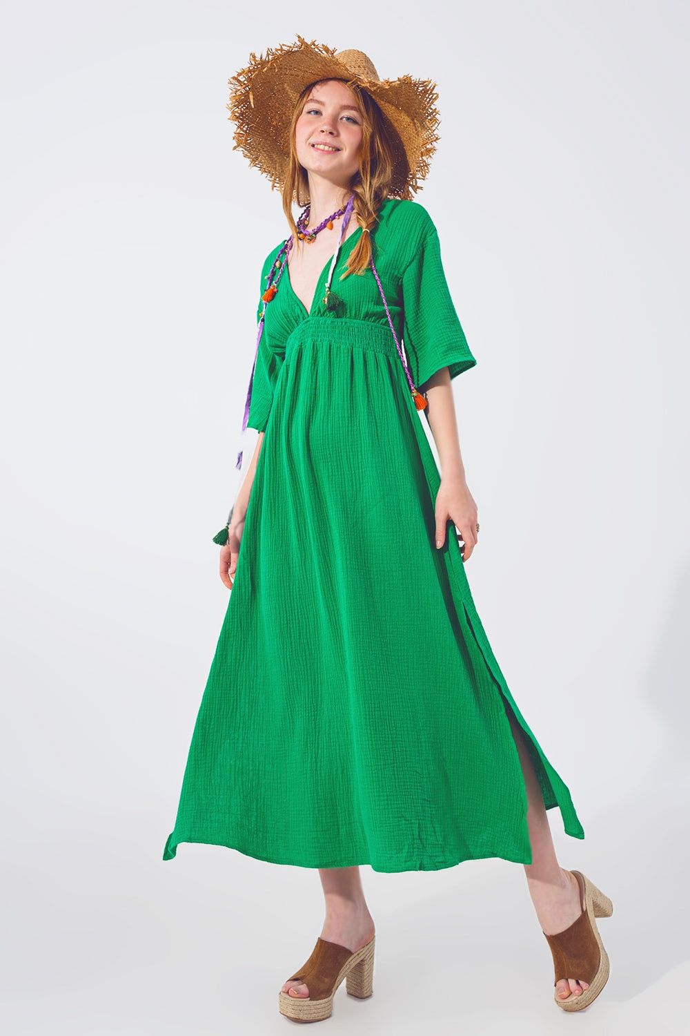 Textured V-Neck Maxi Dress In Green