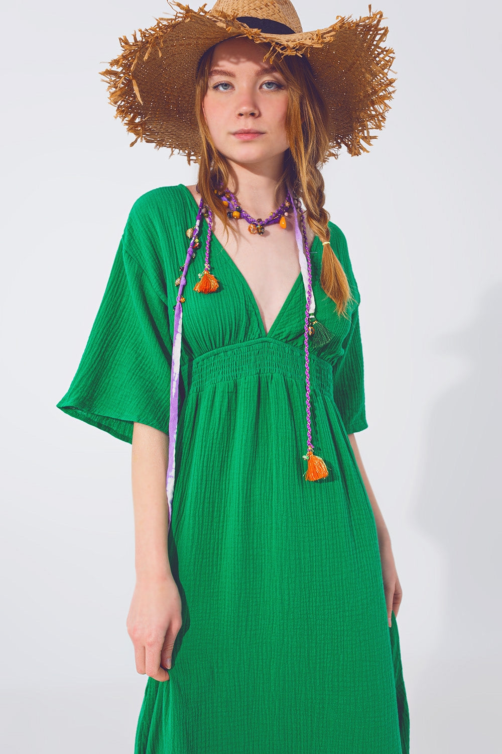 Textured V-Neck Maxi Dress In Green
