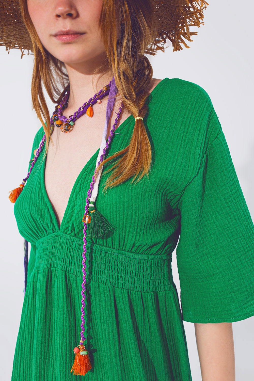 Textured V-Neck Maxi Dress In Green