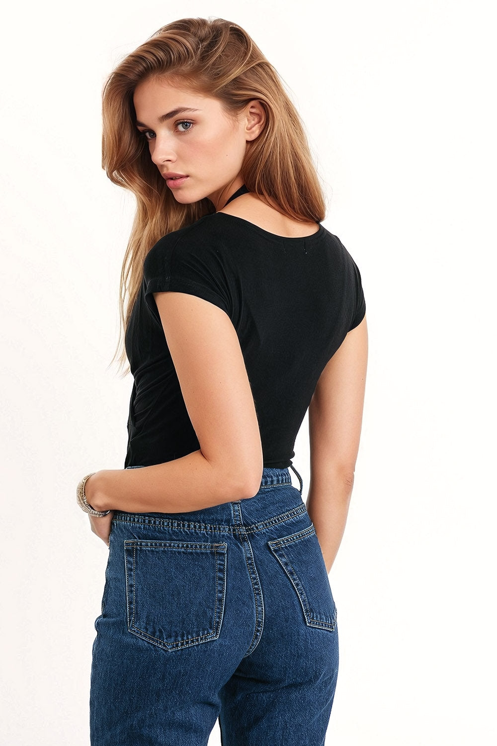 V-Neck Crossed Drapped Fitted Top With Cap Sleeves In Black