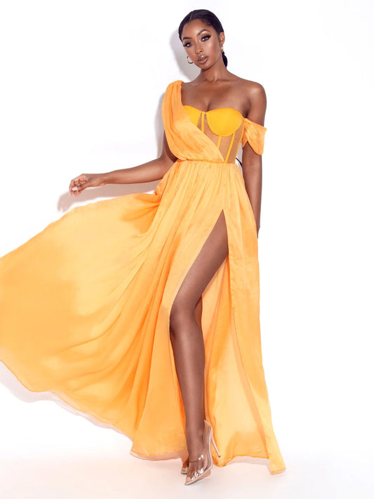 Back In Style Orange Chiffon Pleated Corset High Slit Maxi Dress