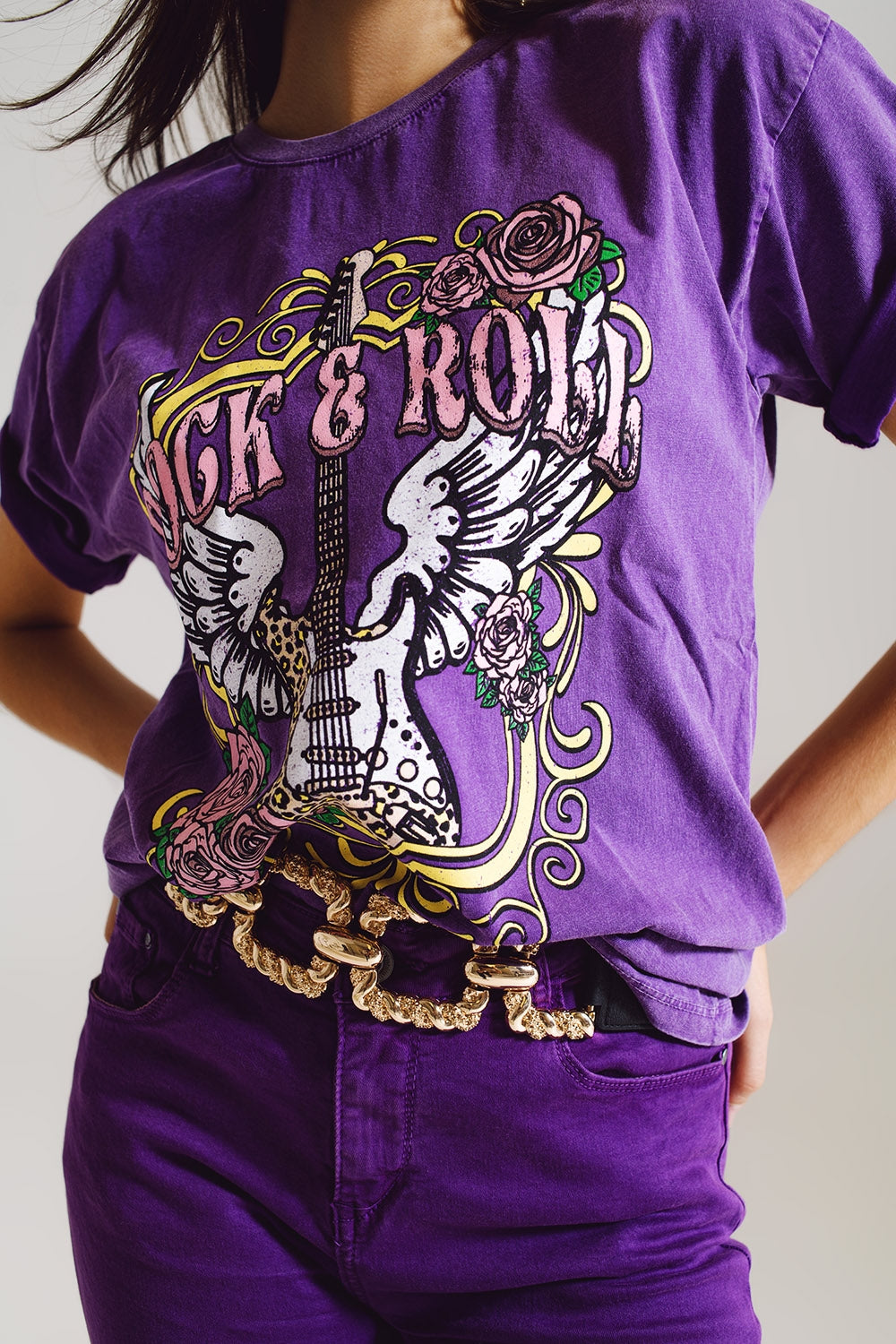 Vintage Rock And Roll Print T-Shirt In Purple