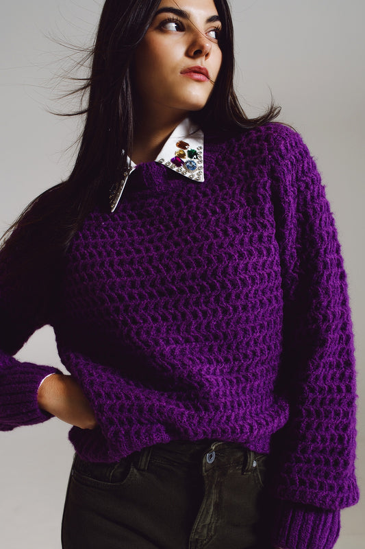 Waffle Knit Relaxed Sweater With High Neck In Purple